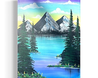 Bergsee Gemälde | Original Acrylbild Landschaft Kunst | Pinienwald Wanddekor | Von der Natur inspiriertes Kunstwerk