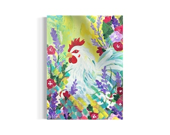 Peinture colorée de poulet | Art original de la ferme en acrylique | Décoration murale florale | Coq lunatique | Oeuvre d'art de poulet cottage