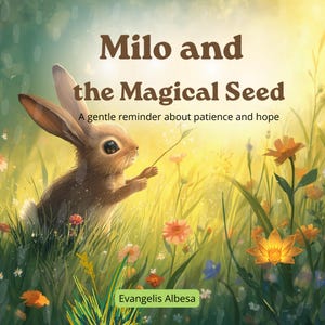 Pode incluir: Uma capa de livro intitulada Milo and the Magical Seed: A gentle reminder about patience and hope, apresentando um coelho castanho num campo de flores coloridas e erva verde alta, com o nome do autor Evangelis Albesa na parte inferior.