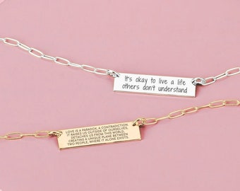 Paperclip Chain Custom Quote Bar Necklace | Personalized Engraved Message Necklace in Silver, Gold, or Rose Gold | Customized Gift for Her