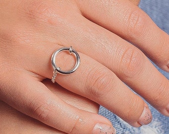 Forever Connected Chain Ring | Chunky Sterling Silver Geometric Round Open Circle Halo O Karma Eternity Band | Minimalist Jewelry