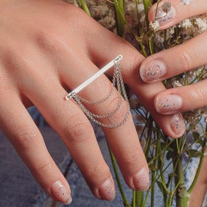 Athena Bar Chain Ring | Long Sterling Silver Edgy Rectangle Statement Ring with dangle chains, Big Line Band with Layered Tassel, Hand Chain