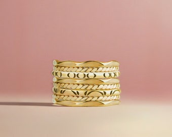 The Happy Stack | Set of 8 Mixed Textures Stacking Rings in Gold, Rose Gold, or Silver | USA Sizes 4-12