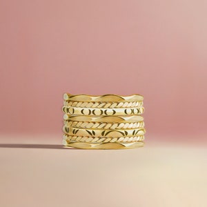 The Happy Stack | Set of 8 Mixed Textures Stacking Rings in Gold, Rose Gold, or Silver | USA Sizes 4-12