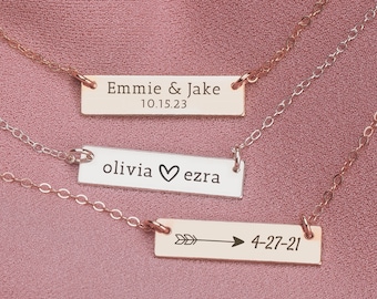 Personalized Couples Bar Necklace | Custom Engraved Skinny Nameplate Bar Necklace in Silver, Gold, or Rose Gold | Customized Gift for Her