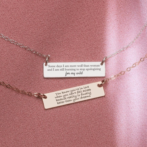 Custom Quote Bar Necklace | Personalized Engraved Skinny Message Bar Necklace in Silver, Gold, or Rose Gold | Customized Gift for Her