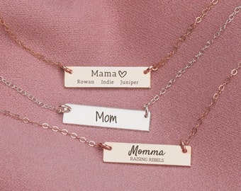Collier Mama Bar | Citation d'une mère, date, prénoms d'enfants gravés Mom Momma collier personnalisé personnalisé, argent, or ou rose | Cadeau fête des mères