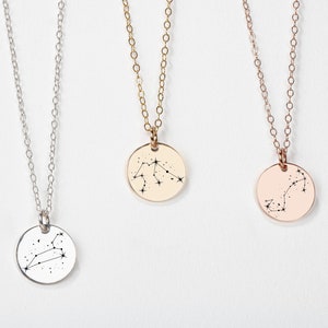 Constellation Necklace Zodiac Sign Engraved Circle Disc, Silver Gold or Rose Gold Astronomy Space Birthday Birth Month Pendant Gift image 6