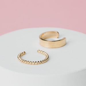 Set of 2 Ear Cuffs | Gold or Silver, No Piercing Fake Conch Earring, Wide & Twist Patterns Edgy Minimalist Earrings, Dainty Gift Set for Her