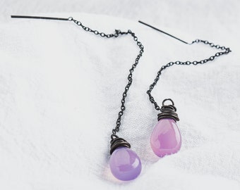 Purple Chalcedony Threader Earrings | Sterling Silver Wire Wrapped Teardrop Gemstone Pull Through Chain Earrings | Single Multiple Piercings