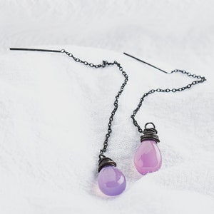 Purple Chalcedony Threader Earrings | Sterling Silver Wire Wrapped Teardrop Gemstone Pull Through Chain Earrings | Single Multiple Piercings