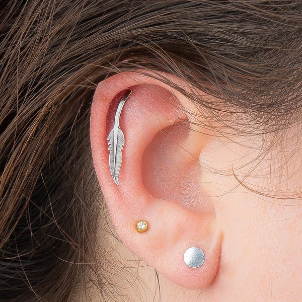 Feather Cartilage Earring | Sterling Silver Long Boho Bird Feather Helix Hex Bar Earring | Edgy Piercing Jewelry for Women and Girls