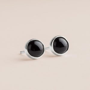 Black Onyx Gemstone Stud Earrings | Sterling Silver Small Round Circle Posts, Multiple Sizes, December Birthstone, Simple Classic Style