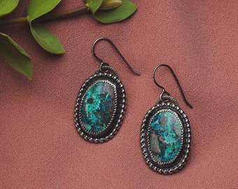 Teal Azurite Gemstone Dangle Earrings | Oval Blue Green Natural Stone Drop Earrings, Large Oxidized Black Sterling Silver Boho Statement