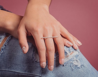 Athena Bar Line Ring | Edgy Parallel Linear Statement Ring , Big Thin Long Geometric Band, Silver, Gold or Rose Gold | Minimalist Jewelry