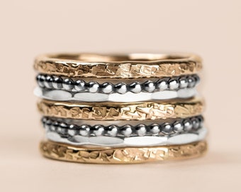 The Demi Stack | Set of 7 Mixed Metal Stackable Rings in Gold and Silver | Bold Statement Ring Bands | USA Sizes 4-12