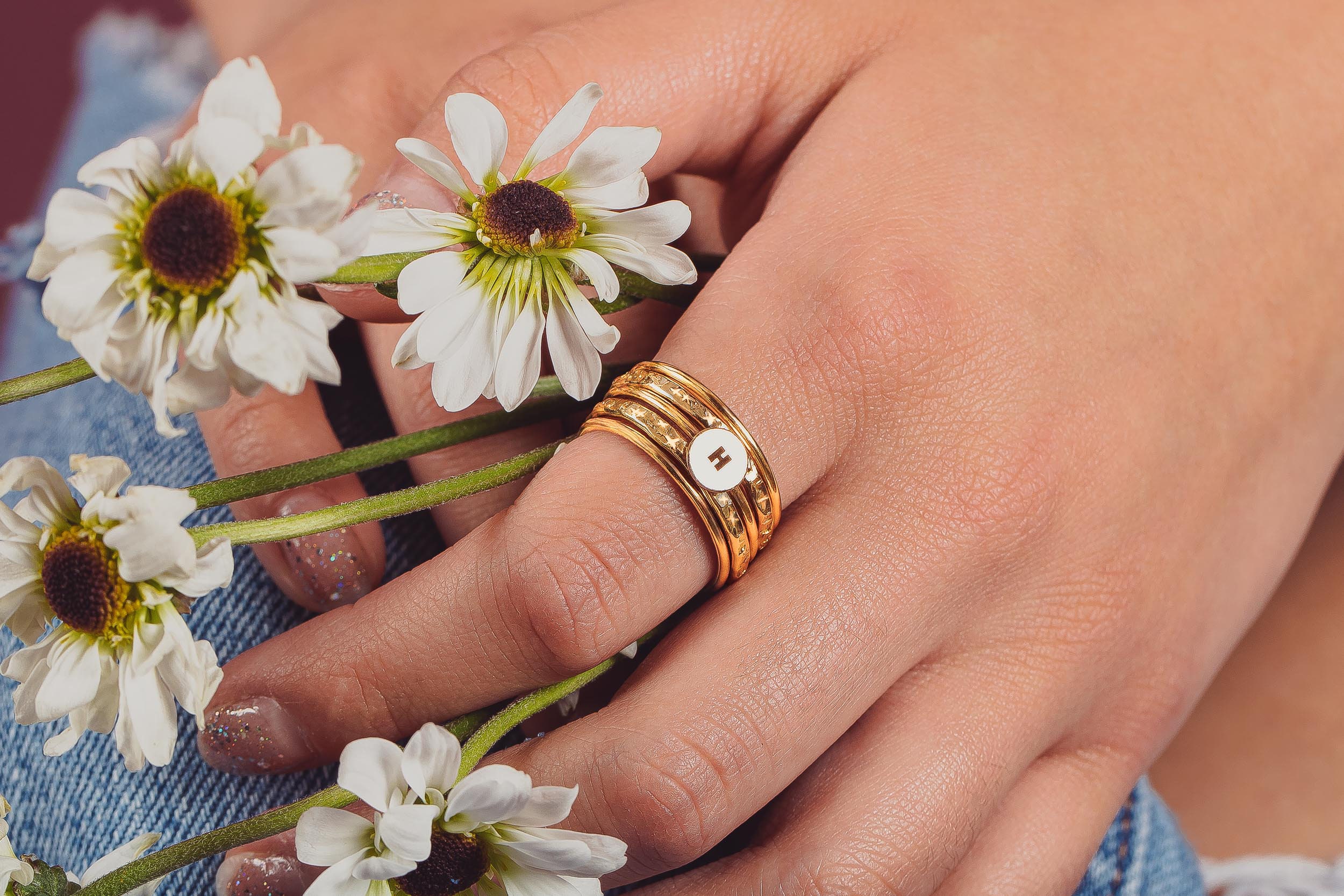 Initial Stacking Rings Set Of 5 In Gold, Silver, Or Rose Gold | Personalized Custom Letter Monogram Stackable Stack Stacking Family Ring