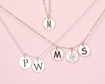 Initial Disc Family Necklace | Personalized Engraved Round Circle Disc Charm Necklace | Name Letter Number Initial Monogram Coin Necklace