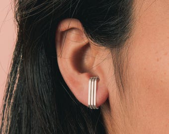 Triple Suspender Earrings | Sterling Silver Line Bar Cuff Stud Earrings | Geometric Suspension Earrings, Wrap Earrings | Minimalist Everyday