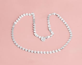 Naszyjnik z cekinowym łańcuszkiem | Subtelny, subtelny naszyjnik z okrągłym dyskiem ze srebra próby 925 | Idealny do noszenia warstwowego | Prosty, codzienny naszyjnik choker