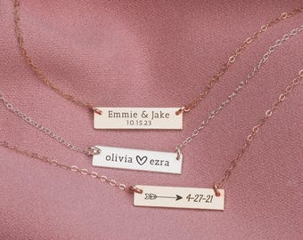 Personalized Couples Bar Necklace | Custom Engraved Skinny Nameplate Bar Necklace in Silver, Gold, or Rose Gold | Customized Gift for Her