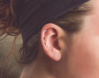 The Original Wave Cartilage Earring | Sterling Silver Wavy Swirl Swirly Squiggle Helix Hex Piercing Jewelry for Upper Ear | Thread Through