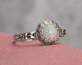 Bague solitaire en opale | Bague avec opale blanche multicolore et fleurs florales colorées en argent sterling | Bague pierre de naissance d'octobre pour femme
