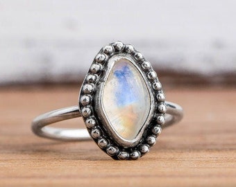 Size 3 Midi Ring | Rainbow Moonstone Gemstone Midi Ring In Sterling Silver | Small Beaded Diamond Aqua Blue Iridescent Color Changing Ring