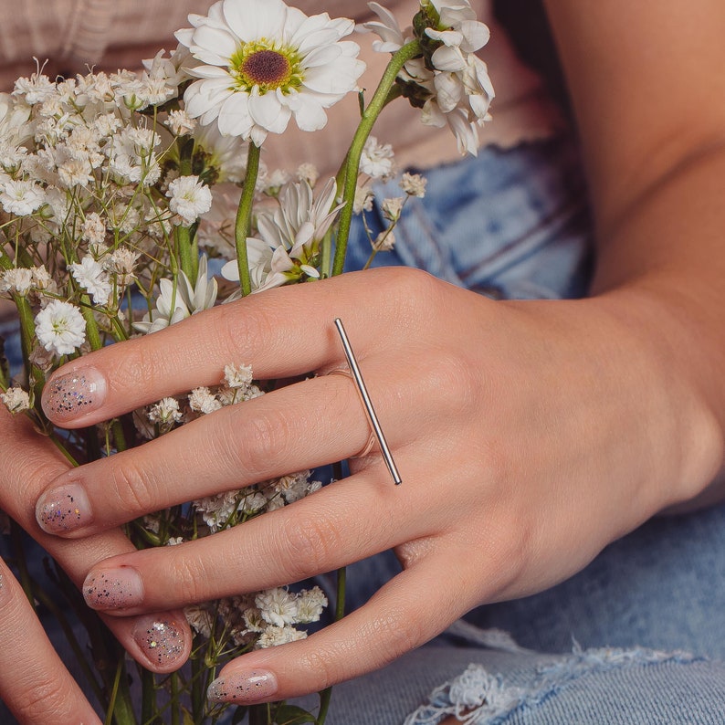 Athena Bar Line Ring Edgy Parallel Linear Statement Ring , Big Thin Long Geometric Band, Silver, Gold or Rose Gold Minimalist Jewelry image 3