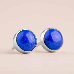 Blue Lapis Lazuli Stud Earrings | Sterling Silver Round Circle Denim Blue Gemstone Post Earrings, Multiple Sizes, Simple Everyday Jewelry