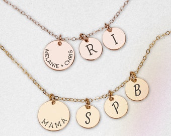 Family Disc Necklace | Personalized Circle Charm Necklace, Custom Engraved Round Name Initial Monogram, Kids Initials, Gift for Mom Wife