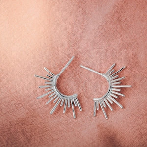 Sun Burst Hoop Stud Earrings in Solid 14K Gold, 14K Rose Gold, or Sterling Silver - Melanie Golden Jewelry Designer Series