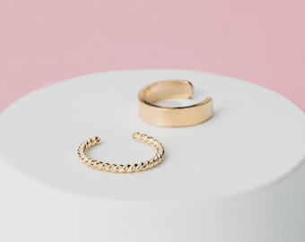 Set of 2 Ear Cuffs | Gold or Silver, No Piercing Fake Conch Earring, Wide & Twist Patterns Edgy Minimalist Earrings, Dainty Gift Set for Her