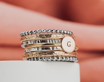 Personalized Initial Mixed Metal Stacking Rings Set of 7 | Custom Letter Initial Monogram Stackable Stack Stacking Family Rings Silver Gold