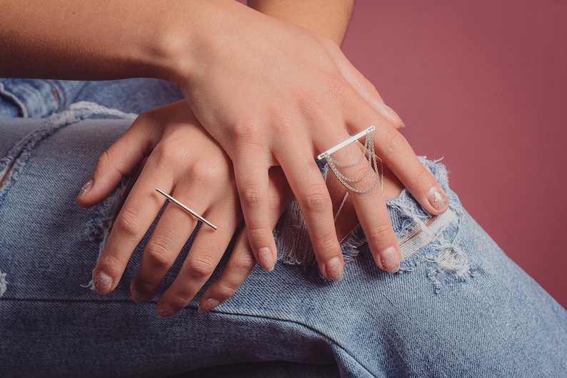 Athena Bar Line Ring Edgy Parallel Linear Statement Ring , Big Thin Long Geometric Band, Silver, Gold or Rose Gold Minimalist Jewelry image 4