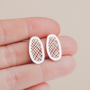 Lattice Stud Earrings Sterling Silver Large Big Organic Shaped Oval Crosshatched Checkered Grid Post Earrings Perfect Gift for Her image 3