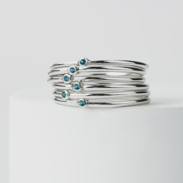 Blue Diamond Stacking Ring | Tiny Aqua Teal Genuine Diamond Stackable Band, Thin Sterling Silver Stack Ring, Minimal Engagement Wedding Gift