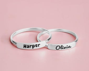 Personalized Name Bar Ring | Sterling Silver Engraved Custom Name Signet Ring Band, Stacking Family Kids Names, Gift for Her Wife Mom