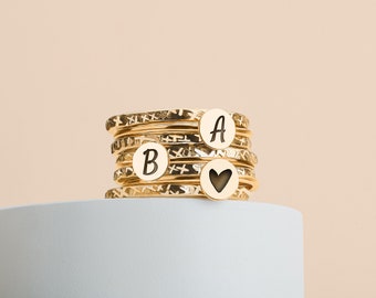 Stackable Initial Rings | Personalized Letter Monogram Stacking Family Rings | 3 Initials, 8 Ring Set | Gold, Silver Or Rose Gold