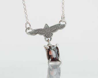 Raven Necklace With Faceted Mexican Labradorite Gemstone In Sterling Silver | Small Purple & Green Rectangle Flying Bird Thunderbird Pendant