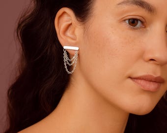 Dainty Athena Chain Dangle Earrings | Edgy Sterling Silver Rectangle Bar Line Posts with Layered Drop Chains | Modern Trendy Gift for Her