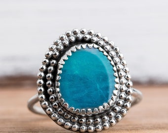Size 6 Blue Boulder Opal Gemstone Ring In Sterling Silver With Beaded Border | Teal Aqua Blue Boho Bohemian Southwestern Solataire Ring