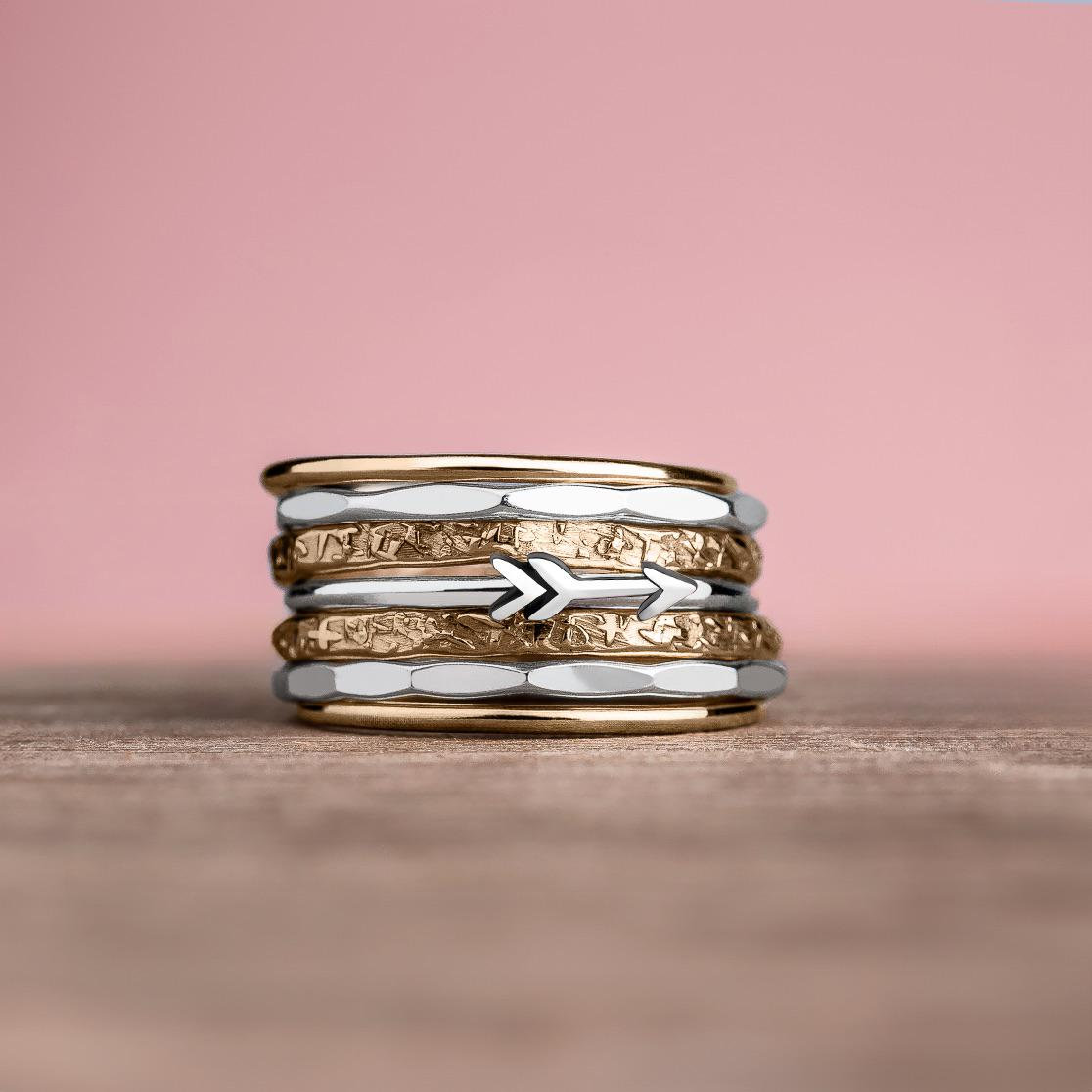 Arrow Stacking Rings | Mixed Metal Gold & Silver Stackable Rings, Set of 7 Chunky Boho Stack Bands, Two Tone Hammered Bohemian Arrow Rings