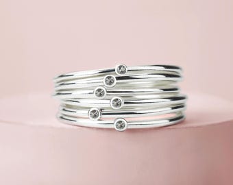 Tiny Diamond Stacking Ring | White Genuine Diamond Stackable Minimalist Band, Sterling Silver Anniversary Wedding Engagement Mothers Gift