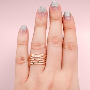 Hammered Stacking Ring | 14K Rose Gold 1mm Skinny Textured Ring in Silver, Gold, or Rose Gold | Comfort Fit USA Sizes 2-12