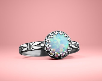 Anello solitario in opale / Anello con pietra preziosa in opale bianco multicolore e floreale in argento sterling / Anello con pietra portafortuna di ottobre per donna