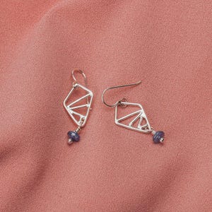 Sterling Silver Geometric Drop Earrings With Blue Kyanite Gemstones | Small Triangular Diamond Dark Blue Minimal Geo Dangle Drop Earrings