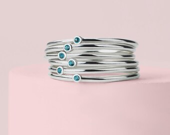 Blue Diamond Stacking Ring | Tiny Aqua Teal Genuine Diamond Stackable Band, Thin Sterling Silver Stack Ring, Minimal Engagement Wedding Gift