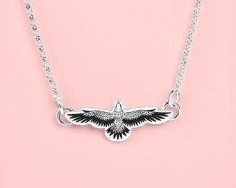 The Raven Necklace | Tiny Sterling Silver Engraved Flying Bird Crow Raven Pendant | Boho Chic Bohemian Free Spirit | Minimalist Jewelry