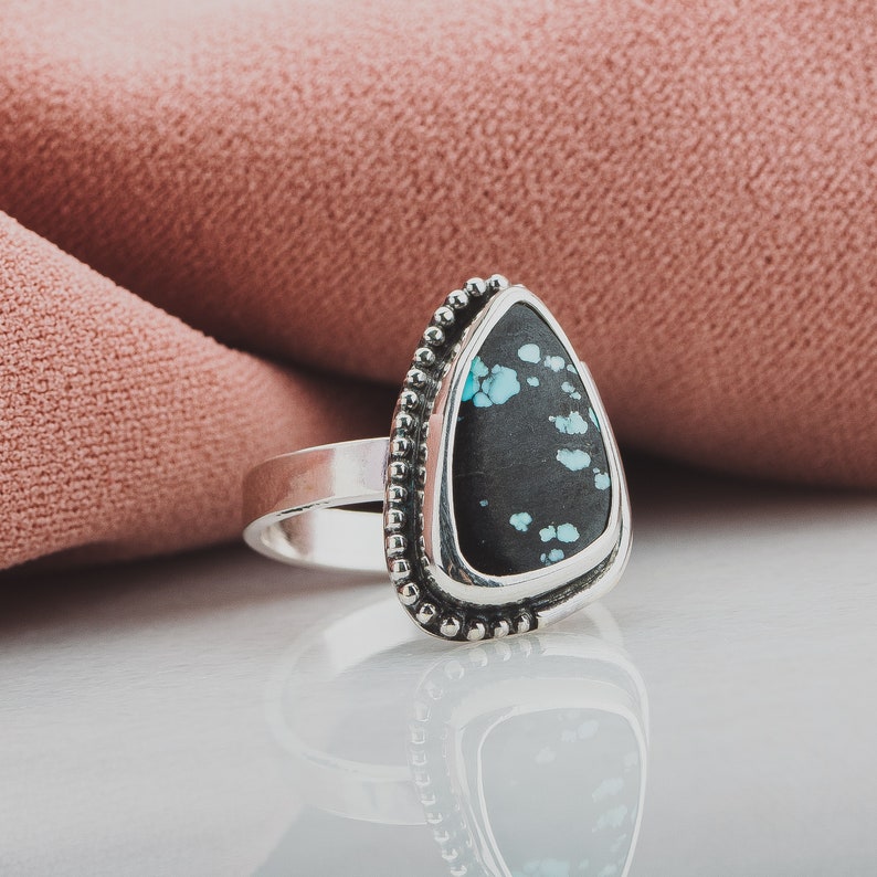 Size 5.75 Black & Blue Cloud Mountain Turquoise Gemstone Ring In Sterling Silver Triangle Beaded Dotted Boho Bohemian Statement Ring image 9